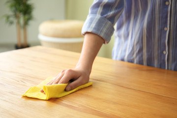 Woman cleaning furniture in room