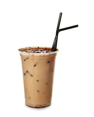 Cup of tasty frappe coffee on white background