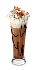 Glass of tasty frappe coffee on white background