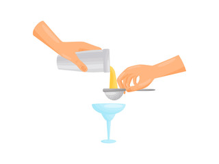 Silhouette hands bartender pours a glass boiler. Vector illustration.