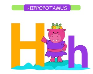 Letter H and funny cartoon hippopotamus.  Animals alphabet a-z. Cute zoo alphabet in vector for kids learning English vocabulary. Printable sheet.