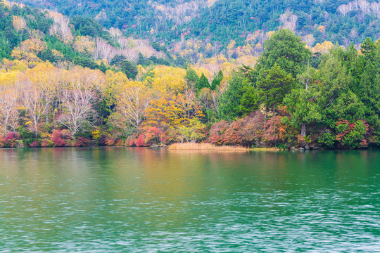 View of Yunoko lake in autumn season at Nikko national park, Nikko, Japan.