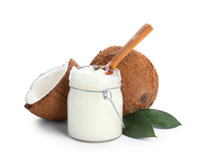 Composition with coconut oil on white background