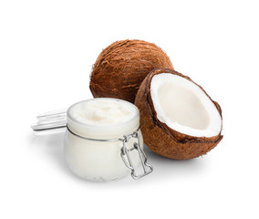 Composition with coconut oil on white background