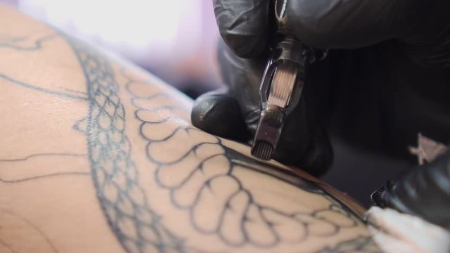 Tattoo, slow motion. The needle of the tattooing tool inserts ink under the skin.
