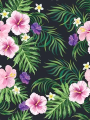Fototapeten Seamless tropical background with palm leaves and jungle flowers. Summer vector textile print. © Logunova  Elena