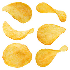 Collection of potato chips, isolated on white background