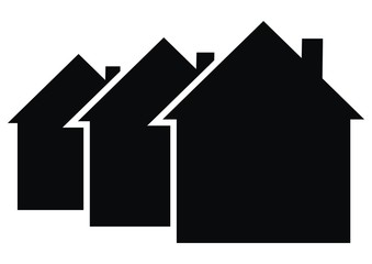 Three black houses, vector icon. Black silhouette of houses with smokestakes. Business icon for housing construction. 