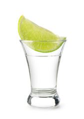 Shot of tequila on white background