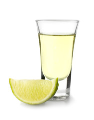 Shot of tequila on white background