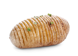 Tasty baked potato on white background