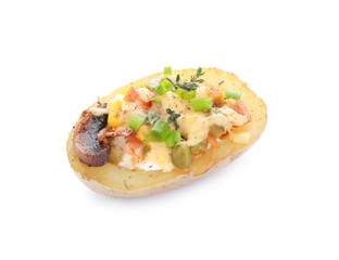 Tasty baked potato on white background