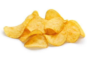 Delicious potato chips, isolated on white background