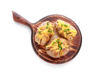 Board with tasty baked potato on white background