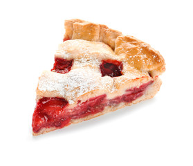 Piece of tasty strawberry pie on white background