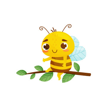 Humanized bee sits on a tree branch. Cartoon style. Vector illustration.