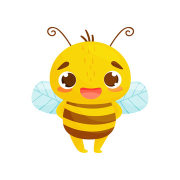 Bee in cartoon style. Humanized bee standing and smiling. Vector illustration on white background.