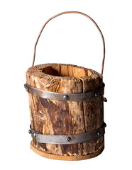 Wooden bucket fastened with metal hoops. Handwork. Decorative element. Isolated.