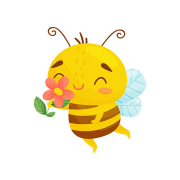 Happy bee with flower in hand. Vector illustration. Cartoon style.