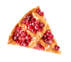 Piece of tasty cranberry pie on white background