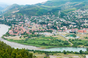 Mtskheta, Georgia - Jul 07 2018: Holy city of Mtskheta view from Jvari Monastery in Mtskheta, Mtskheta-Mtianeti, Georgia. It is part of the World Heritage Site - Historical Monuments of Mtskheta.