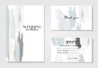 Corporate identity template in blue grey colors with glitter elements. Invitation to a company event. Cover product catalog. Business card. Brush strokes in gentle pastel colors on white background.