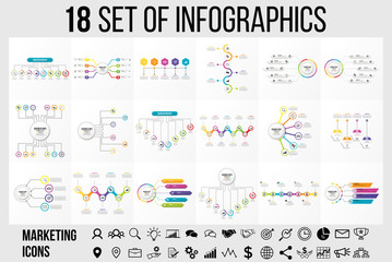 Obraz na płótnie Canvas Vector 18 Set Of Infographics Template Design . Business Data Visualization Timeline with Marketing Icons most useful can be used for presentation, diagrams, annual reports, workflow layout