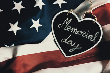 Memorial day text in black heart, on united states flag, vintage style