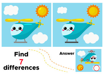 Find 7 differences. Vector kawaii helicopter. Educational game for children.
