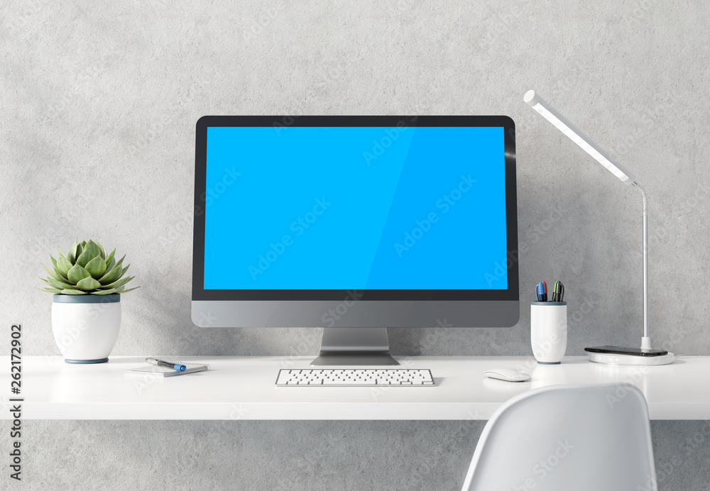 Poster modern black and silver computer on white desktop concrete interior mockup 3d rendering
