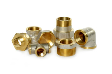 Set of metal-plastic plumbing couplings, adapters, plugs isolated on white background