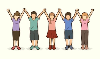 Obraz premium Group of children holding hands cartoon graphic vector.