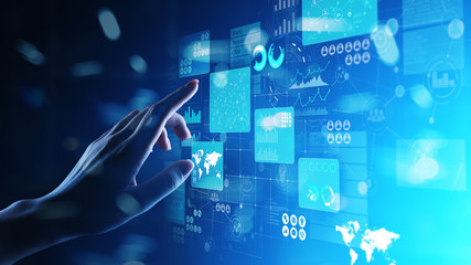Business intelligence analyst dashboard on virtual screen. Big data Graphs Charts.