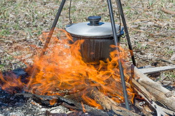 Cooking on a fire at spring.
