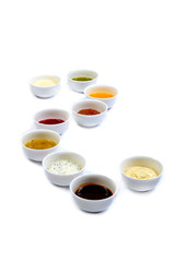 set of sauces. Ketchup, mayonnaise, mustard, soy sauce, barbecue sauce, pesto, mustard
