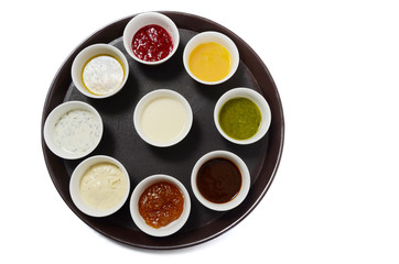 Obraz na płótnie Canvas set of sauces. Ketchup, mayonnaise, mustard, soy sauce, barbecue sauce, pesto, mustard