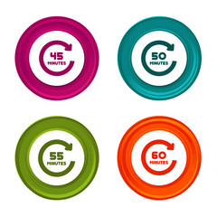 45, 50, 55 and 60 Minutes rotation icons. Timer symbols. Colorful web button with icon.