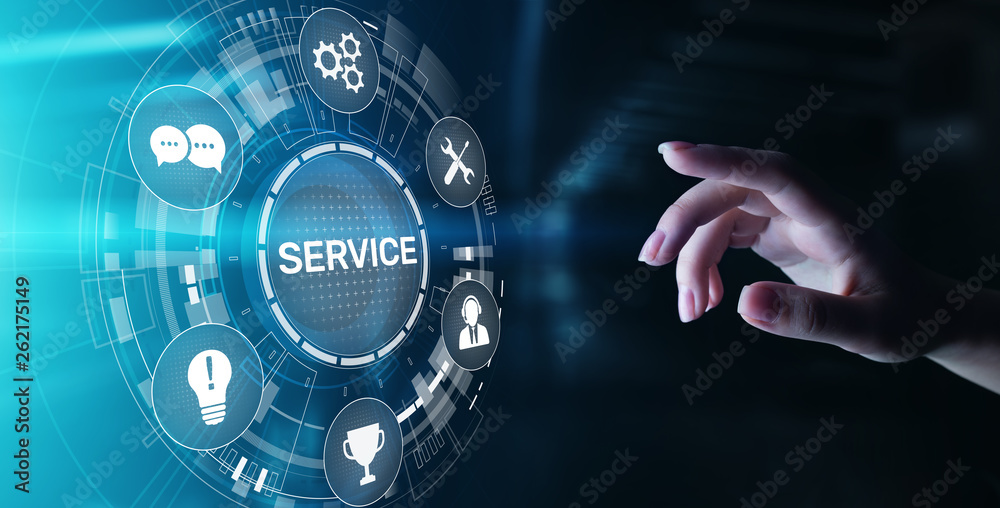 Poster service support customer help call center business technology button on virtual screen.
