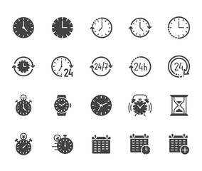 Time flat glyph icons set. Alarm clock, stopwatch, timer, sand glass, day and night, calendar vector illustrations. Signs for productivity management. Solid silhouette pixel perfect 64x64