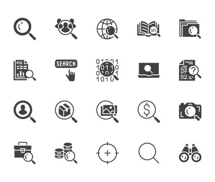 Data search flat glyph icons set. Magnify glass, find people, image zoom, database exploration, analysis vector illustrations. Signs for web engine. Solid silhouette pixel perfect 64x64