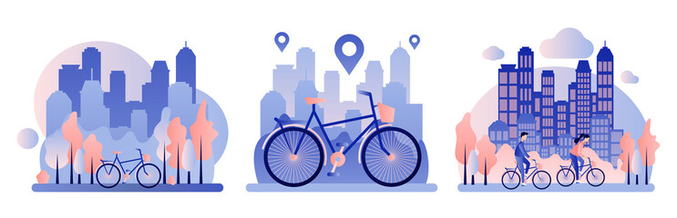 Bike rental. Background the city with skyscrapers. Flat style. Vector illustration