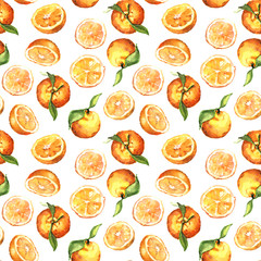 Watercolor hand painted fresh juicy orange fruit slices seamless pattern