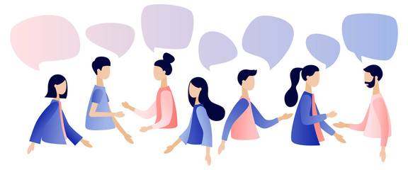 Group of people talking . Businessmen discuss social network, news, social networks, chat, dialogue speech bubbles.Flat style. Vector illustration