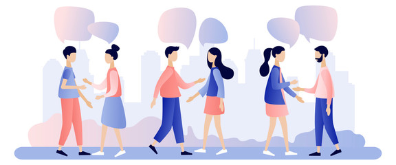 Group of people talking . Businessmen discuss social network, news, social networks, chat, dialogue speech bubbles.Flat style. Vector illustration