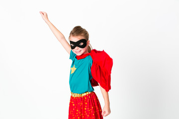 blond supergirl with black mask and red cape posing in front of white background
