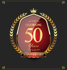 Golden shield and laurel wreath anniversary retro design 50 years