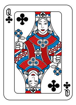 A playing card Queen of Clubs in red, blue and black from a new modern original complete full deck design. Standard poker size.