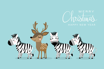 Fototapeta na wymiar Merry Christmas and happy new year greeting card with cute deer and zebra. Animal wildlife holidays cartoon character. 