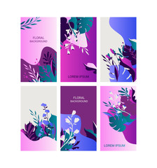 Forms with floral elements for advertising, poster, web design. Bright backgrounds with flowers and leaves.