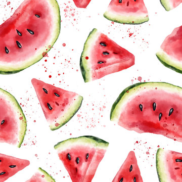Watercolor seamless pattern with slices of watermelon. Hand drawn illustration.